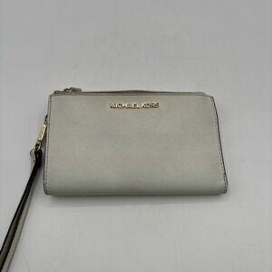 Michael‎ Kors Jet Set Travel Double Zip Saffiano Leather Wristlet Wallet White